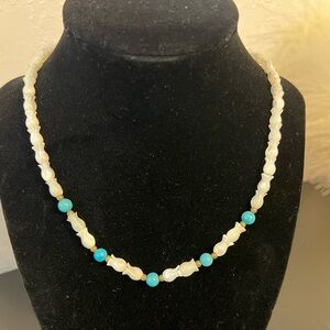 Vintage mother of pearl and turquoise beaded necklace with brass accents